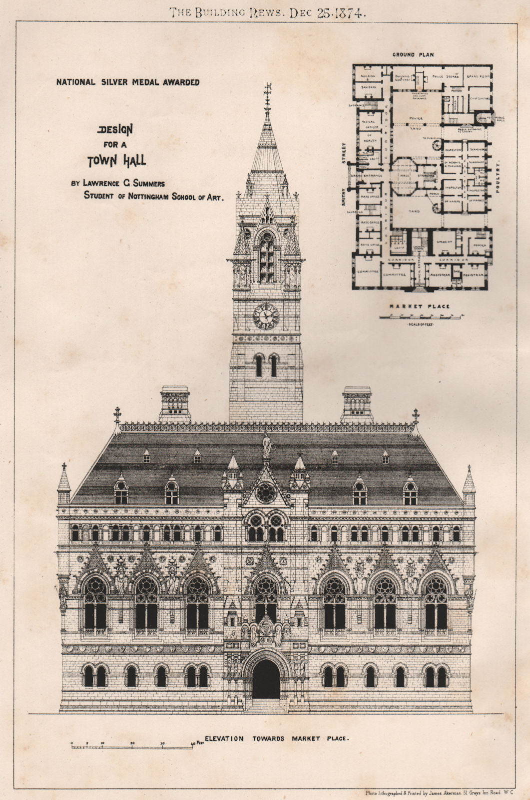 Town Hall design. Lawrence G. Summers, Nottingham School of Art 1874 old print